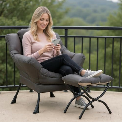 Modern Lazy Chair with Ottoman Lounge Accent Reading Chair for Living Room | Foldable Footstool,Removable Cover,with Armrests & Side Pockets,Upholstered Lounge Chair for Bedroom,Dorm,Office,Small Space - color: Dark Grey