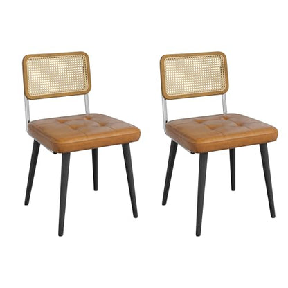 Garvee Rattan Dining Chairs Set of 2, Upholstered Dining Room Chairs with Rattan Backrest, Armless Side Chairs for Kitchen Living Room, Restaurant, PU Leather, Brown | Upholstered Kitchen Chairs with Rattan Backrest, Armless Side Chairs for Kitchen, Livin