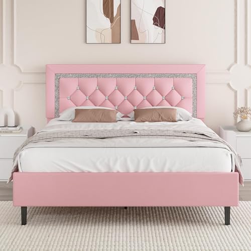 BarnFurin Full Size Bed Frame with Tufted Button Headboard,Pink | Upholstered Platform Bed Frame with Diamond Design, Wood Slat Support, No Box Spring Needed, Easy Assembly - color: Pink, size: Full
