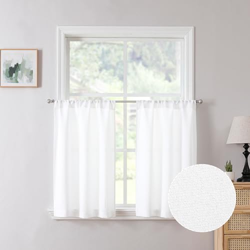 Tollpiz Short Linen Tier Curtains Rod Pocket Semi Sheer Half Kitchen Curtain Burlap Light Filtering Thick Linen Drapes for Bathroom, 30 x 24 inches Long, White, Set of 2 Panels - color: White, size: 30"W x 24"L (Pack of 2)