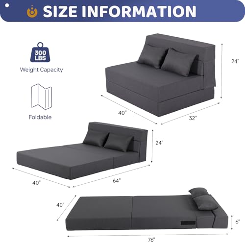 Fvkind Foldable Mattress Chair, Convertible Design, Standard Size, Gray | High-Density Foam - Floor Mattress Function - Living Room & Bedroom - Adults & Family Use - Reading & Lounging - color: Dark Grey, size: Standard