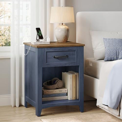 VASAGLE LIRY Collection - Farmhouse Nightstand with Charging Station, Bedside Table, Side Table with Drawer, Open Compartment, for Bedroom, Rustic Blue and Honey Brown ULET659Q101S - color: Rustic Blue and Honey Brown, size: 1 PACK, style: 17.7"W x 23.6"H