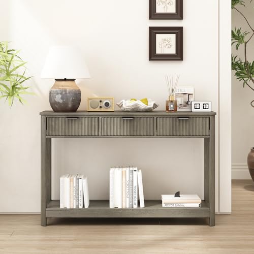 RUSTOWN Fluted Wood Console Table with 3 Drawers, 47.2" Boho Entryway Table | Narrow Behind Couch Sofa Table, Open Storage Shelf, Curved legs, 2 Tier Modern Farmhouse Hallway Table for Living Room, Foyer - color: Washed Oak