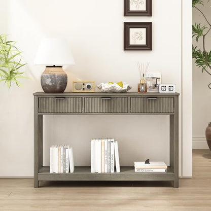 RUSTOWN Fluted Wood Console Table with 3 Drawers, 47.2" Boho Entryway Table | Narrow Behind Couch Sofa Table, Open Storage Shelf, Curved legs, 2 Tier Modern Farmhouse Hallway Table for Living Room, Foyer - color: Washed Oak