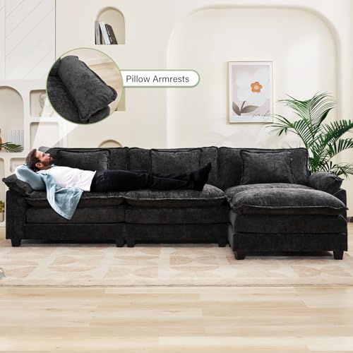 120" Modular Sectional Sofa, Comfy Deep Cloud Couch with Ottoman | L-Shaped Couches for Living Room, Modular Couch, Deep and Wide Seat, Chenille Sofa Sleeper with Throw Pillows, Black - color: Black, size: 120 Inch L