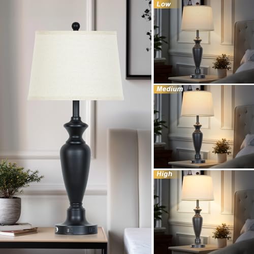 Cinyirong 30" Tall Table Lamps Set of 2, Touch Control Bedside Lamp with USB A+C Ports and AC Outlet, 3-Way Dimmable Modern Metal Nightstand Lamp for Bedroom Living Room, 2 LED Bulbs Included, Black - color: Black (2 Pack)