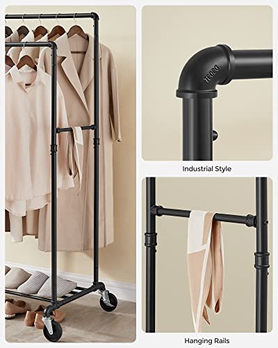 SONGMICS Heavy-Duty Clothes Rack, Double-Rod Clothing Rack for Hanging Clothes, Industrial Garment Rack on Wheels, Metal Frame, 2 Casters with Brakes, Commercial Display, Black UHSR60B | Industrial Garment Rack for Hanging Clothes, 2 Casters with Brakes,