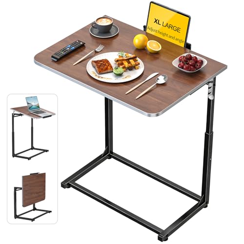 Tv Tray Table,Extra Large Dinner Food Tray Table,Couch & Bed Eating Desk,Heavy Duty Folding Laptop Side Table with 8Height&90° Tilt Adjustable,C-Shaped End Table with Phone/Tablet Slot Walnut - color: Walnut Wood Color, size: 1 Pack