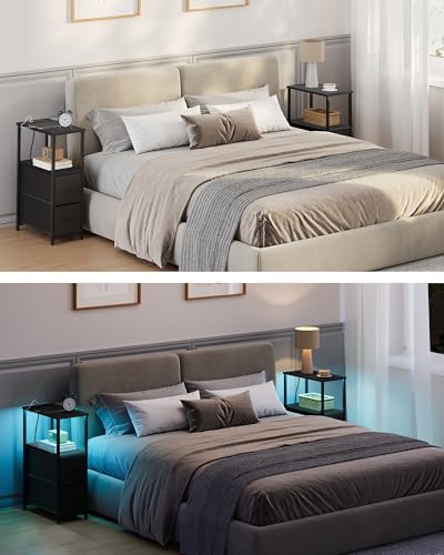 TUTOTAK Narrow LED End Table with Charging Station, Skinny Side Table | Bedside Table with Outlets, Nightstand with 2 Cloth Drawers, Couch Table for Living Room, Bedroom, Black TB01BK056 - color: Black, style: 2 Drawers with Plug & Light