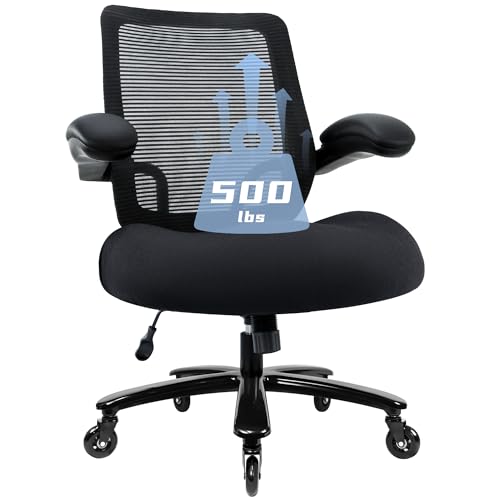 Kassipo Big and Tall Office Chair with Flip-Up Armrests, Black | 500LBS Capacity, Spring-Reinforced Memory Foam Seat & Heavy-Duty Base - color: Black