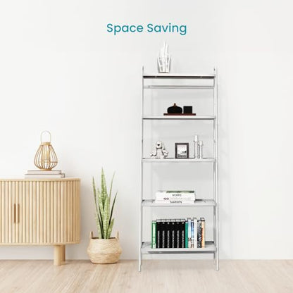 Home Zone Living Tall White Bookshelf with 5-Tier Open Display Shelves | Wide Steel Frame Design with Bamboo Accent Top Shelf - color: 5-tier Wide