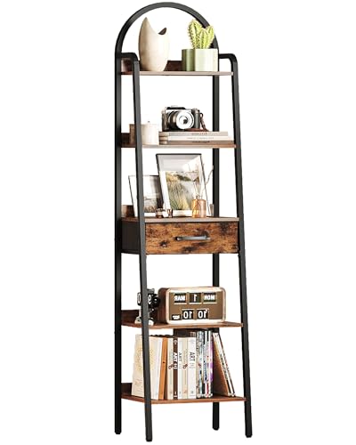 5 Tier Ladder Shelf with Drawer, Tall Ladder Bookshelf, Standing Bookcase with Metal Frame for Living Room, Bathroom, Home Office, Study, Balcony, Rustic Brown and Black TCJ07BF - color: Rustic Brown and Black