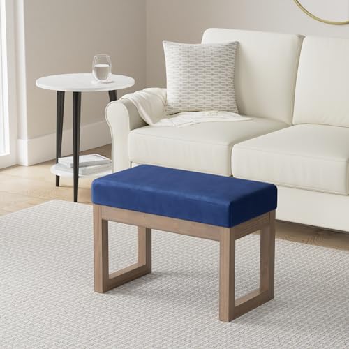 SIMPLIHOME Milltown 27" Wide Velvet Rectangle Ottoman in Blue | Blue, contemporary velvet ottoman with a cushioned seat for extra seating in the bedroom; footstool, footrest or pouf. - color: Blue, style: Small Ottoman Bench