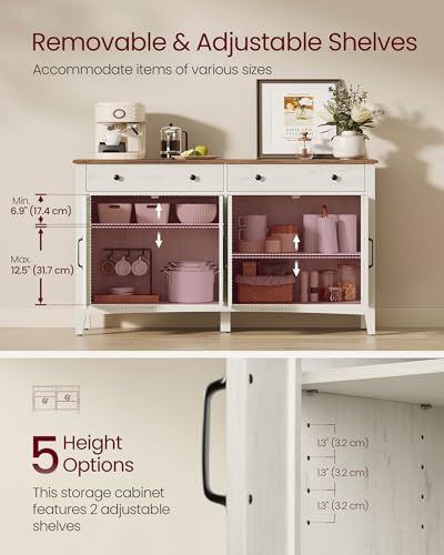 VASAGLE LIRY Collection - Buffet Cabinet, Coffee Bar Cabinet with 2 Drawers, Adjustable Shelves, Sideboard Storage with Cable Holes, Drawer Dividers, Rustic White and Honey Brown UBBK381WJ01S