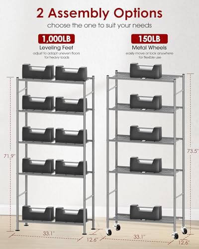 Sakugi 5-Tier Storage Shelves 33.1" x12.6' x73.5 Silver with Wheels | Kitchen, Closet, Pantry, Garage, Heavy Duty, Adjustable Feet, Metal Construction - color: Silver, size: 33.1W x 12.6D x 73.5H(5T)
