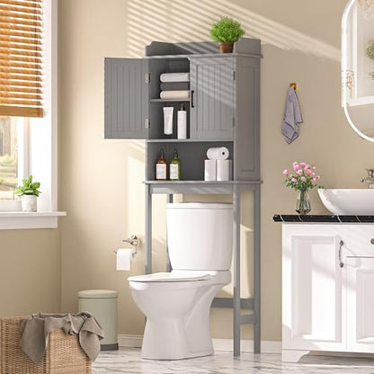 Yardenaler Over-The-Toilet Storage Shelf with Doors, Bathroom Freestanding Organizer Space Saver with Adjustable Shelf, Gray - color: Grey