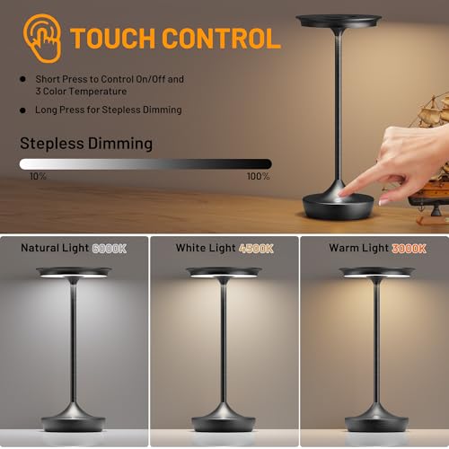 LED Rechargeable Cordless Outdoor 6000mAh Battery Table Lamp 2-Pack Black | Portable Waterproof 3 Color Stepless Dimmable Lights Memory Function for Patio Restaurant Bar Dining Room - color: 2Pack Black