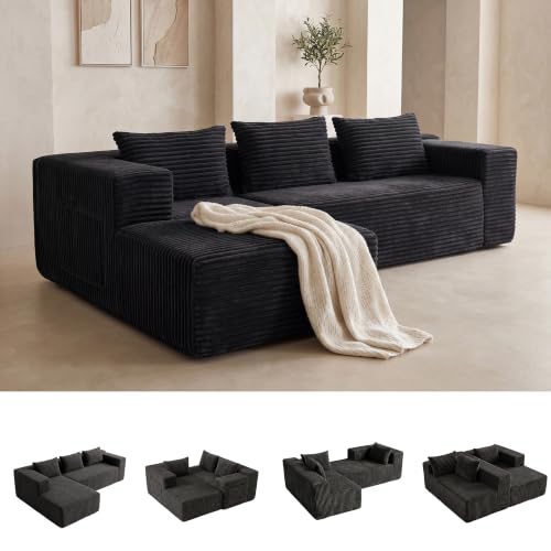 Modular Boneless L-Shaped Couches for Living Room with Side Pockets | Modern Sectional Boneless Corduroy Fluffy Couch Sofa with Deep Seat and Non-Slip Base, No Assembly, Black - color: Black, size: L-Shaped