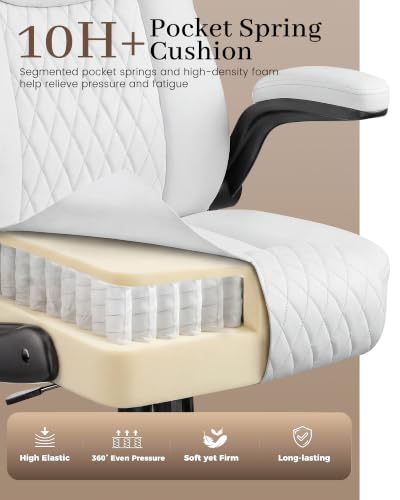 COMHOMA Mid-Back Office Chair, Ergonomic PU Desk Chair with Flip up Arms, Small Computer Gaming with Comfy Lumbar Support,Rocking Function,Sturdy Metal Base, White - color: White