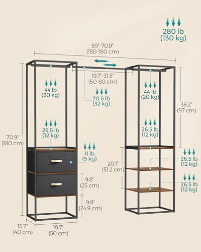 SONGMICS Clothes Rack, 70.9 Inch Wardrobe Freestanding Closet, Heavy Duty Garment Rack with 1 Extendable Hanging Rod, 2 Drawers and 4 Shelves, for Bedroom, Space-Saving, Rustic Brown URGR003B01 | Heavy Duty Garment Rack, 3 Hanging Rods, Space-Saving, for