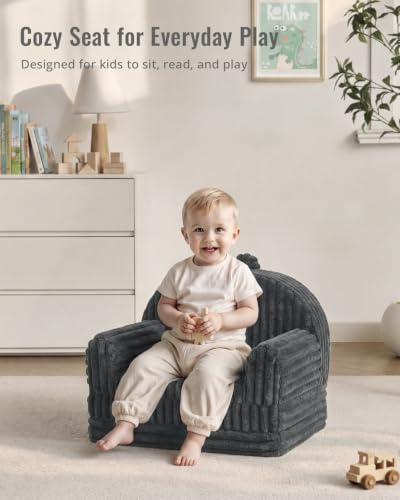 Blissful Diary Kids Couch, 2-in-1 Soft Kids Sofa, Kids Sofa Chair, Comfy Kids Furniture for Playroom, Reading & Play, Fuzzy Dark Gray - color: Fuzzy Dark Gray