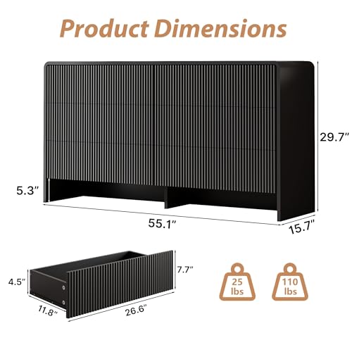 MAISONARIA Black Curved 6 Drawer Dresser, 55" Wide Modern Long Dresser for Bedroom, Living Room, or Entryway, Push to Open Storage Chest, Minimalist Scandinavian Style - color: Black, size: 15.7"D x 55.1"W x 29.7"H (6 Drawers)