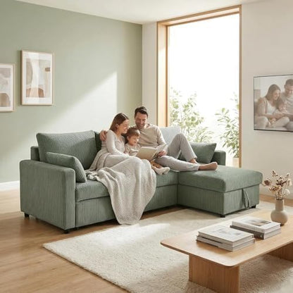 85'' Queen 3-Seat Pull Out Sleeper Sofa Bed with Storage, Green | Convertible Sofa Bed with Storage, 85 Inch,L Shaped 3 Seat Sectional Sleeper Sofa - color: C-green-3r