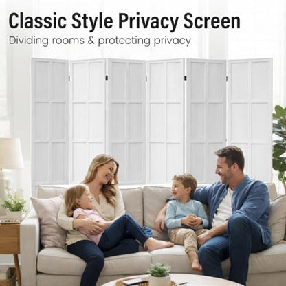 6 Panel Wood Room Divider and Folding Privacy Screen 67″, White | Solid Paulownia Wood Room Partition with 360° Hinges, Freestanding Wall Divider for Room Separation, Home, Bedroom, Office - color: 6 Panels White, size: 6 Panels