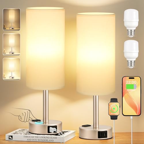 Touch Bedside Table Lamps Set - 3 Way Dimmable Bedroom Lamps Set of 2 with USB C and A Ports, Small Lamps for Nightstand with AC Outlet, Gold Base Round Flaxen Shade for Desk, Office, Dorm, Nursery - color: Gold Base White Shade, size: 14.0In