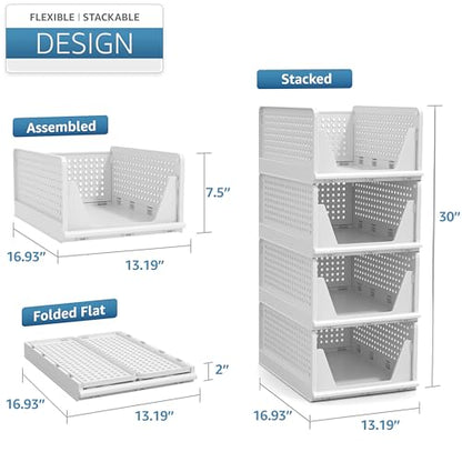 Sorbus 4 Pack Medium Shelf Organizer with Open Front Design Under Shelf for Closet Bathroom Kitchen Garage Plastic Stackable Storage Baskets - size: 4 Medium