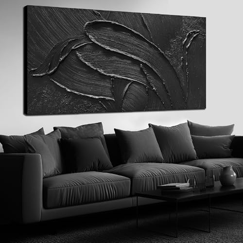 Large 3D Textured Hand Painted Decor Black Abstract Wall Art | Wall Painting For Living Room ,Minimalist Canvas Wall art For Bedroom,Home Office Hotel Hallway Decoration 29x58 Inch - color: Black, size: 58"L x 29"W Painting
