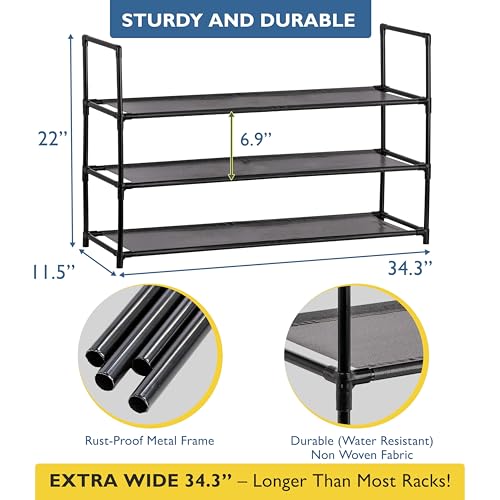 Sundaze Shoe Rack - 3 Tier Shoe Rack for Front Door Entrance, Sturdy Long Shoe Organizer for Closet, Bedroom, Entryway, Garage, Non Woven Fabric Shelf, Black, Holds Up to 15 Pairs - size: 3 Tier (34.3" W)