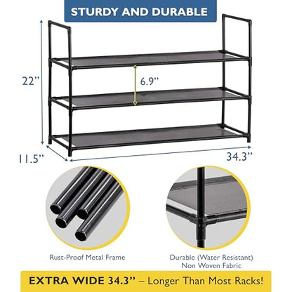 Sundaze Shoe Rack - 3 Tier Shoe Rack for Front Door Entrance, Sturdy Long Shoe Organizer for Closet, Bedroom, Entryway, Garage, Non Woven Fabric Shelf, Black, Holds Up to 15 Pairs - size: 3 Tier (34.3" W)