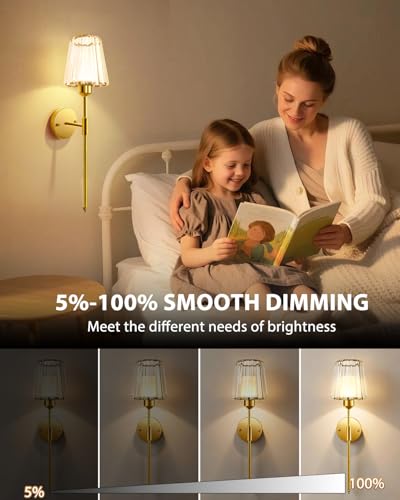 Adetu 23 Inch Crystal Battery Operated Wall Sconce Set of 2 | Gold Rechargeable Wall Sconce with 10000mAh Magnetic Bulbs, RGB Dimmable Wireless Battery Wall Lights for Bedroom Living Room - color: Gold, size: 23 Inch