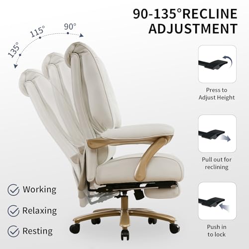 EXCEBET Big and Tall Executive Office Chair with Footrest, 400LBS Capacity Ergonomic High-Back Desk Office Chair with Lumbar Support, Padded Armrests & Thick Cushion, White PU Leather Chairs - color: White