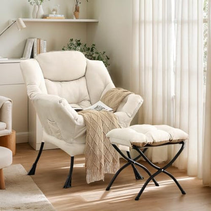 Lazy Chair with Ottoman, Soft Comfy Chair for Bedroom, Beige | Reading Accent Lounge Chair with folding Foot Stool for Living Room Dorm Apartment, sturdy metal frame - color: Beige