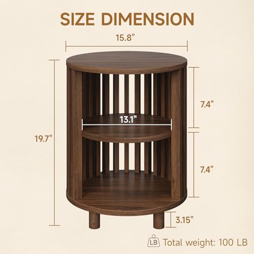 Round End Table, Wood Bedside Table, Mid Century Modern Nightstand with Open Storage Shelf, 3 Tier Small Side Tables for Living Room, Bedroom, Curved Profile Design, Walnut(1-Pack) - color: Walnut, size: 19" H