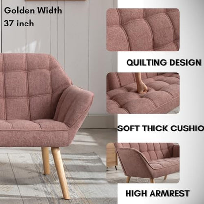 48”Small Loveseat Sofa, Modern Linen Upholstered Mini Couch 2-Seater Fluffy Love Seat with Quilting Backs and Wood Legs for Small Space Living Room, Bedroom, Pink - color: Pink, size: Loveseat