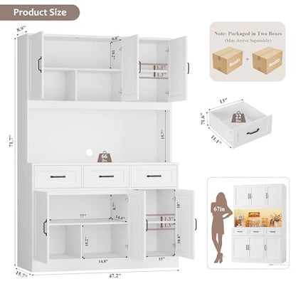 HOSTACK Kitchen Pantry Storage Cabinet, Tall Kitchen Hutch Cabinet, White | 47"W Food Pantry Cabinet with Smart LED / Charging Station / Countertop / 3 Large Drawers, 72"H Storage Hutch, Dining Room - color: White