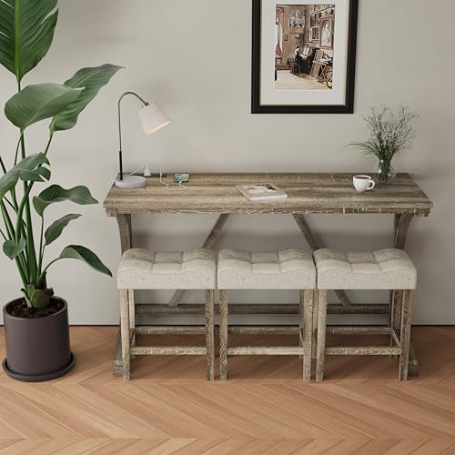 allamazing 4-Piece Counter High Bar Table Set with Socket and 3 Fabric Padded Bar Stools, Tall Kitchen Breakfast Nook with Stool (1+3 Natural) - color: 1+3 Natural