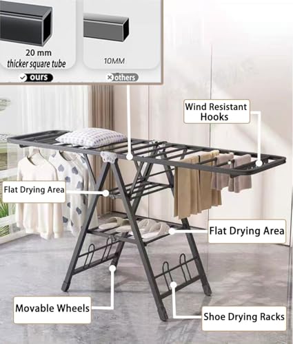 Large Clothes Drying Rack Foldable, 3-Level Metal Laundry Dryer Stand | Lightweight，Easy to Use＆Fold，Sturdy, Height-Adjustable, Movable, Complete with Heavy Items，Space Saving Clothes Dryer