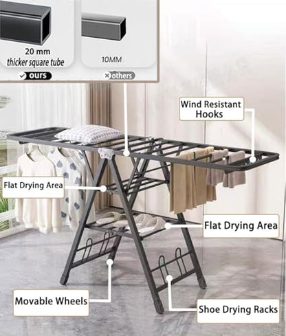 Large Clothes Drying Rack Foldable, 3-Level Metal Laundry Dryer Stand | Lightweight，Easy to Use＆Fold，Sturdy, Height-Adjustable, Movable, Complete with Heavy Items，Space Saving Clothes Dryer