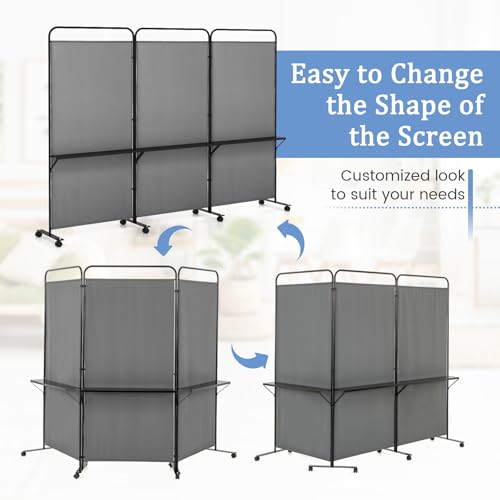 GOFLAME 3 Panel Room Divider with Storage Shelves, 6FT Folding Privacy Screen with Lockable Wheels, Portable Rolling Wall Divider, Freestanding Partition Screen for Room Separation, Grey - color: Grey