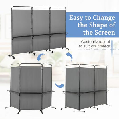 GOFLAME 3 Panel Room Divider with Storage Shelves, 6FT Folding Privacy Screen with Lockable Wheels, Portable Rolling Wall Divider, Freestanding Partition Screen for Room Separation, Grey - color: Grey