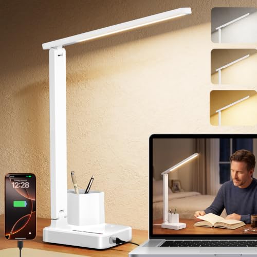 LED Desk Lamp USB A/C AC Pen Holder Dorm Home Office Desk Light White | Adjustable LED Desk Light with USB A/C, AC Outlet, Pen Holder; Small Desk Lamp for Dorm, Study, Craft & Home Office - color: White
