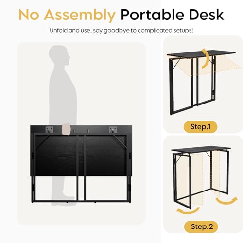 31.5" Folding Desk: No Assembly, Wood Top for Small Spaces | Home office desk, holds 150 lbs, folds flat to 2.3 in, splash-proof wood top, sturdy metal frame - color: Black, size: 31.5"W x 15.7"D