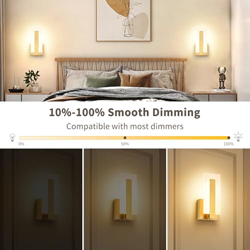 Joosenhouse Modern LED Wall Sconce Set of 2, Dimmable Hardwired Bathroom Vanity Light Indoor Wall Sconce for Hallway, Bedroom, Study, Living Room, 9.76 Inch Brass Wall Lights - color: Brass-Dimmable