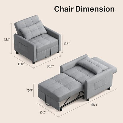 Sleeper Sofa Chair Bed, Convertible Sofa Chair 3-in-1, Gray | Adjustable Sleeper Chair Pullout Sofa Bed with Modern Linen Fabric for Living Room/Apartment - color: Light Gray