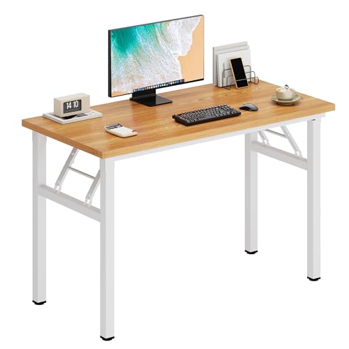 DlandHome 39 inches Folding Table Computer Desk Portable ActivityTable Conference Table Home Office Desk, Fully Assembled Teak and White DND-ND5-100TW | Foldable Writing Table for Small Spaces Bedroom, No Assembly Required, Wood Top Metal Frame, Collapsib