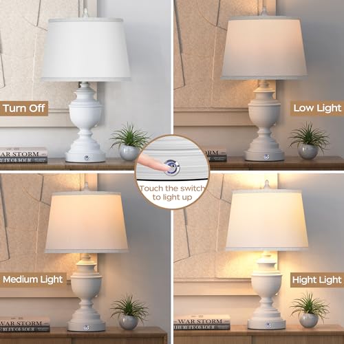Table Lamps Set of 2, Modern Farmhouse Nightstand Lamp with USB Ports, 3-Way Dimmable Touch Control Washed White Bedside Lamps with Off-White Linen Shade for Bedroom Living Room, Bulbs Included | Smart touch, Easy Assembly, Energy-saving LED bulbs, Vintag